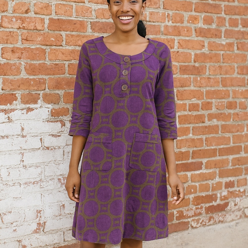 Boden Purple & Olive Geometric Print Corduroy Dress Size Medium
